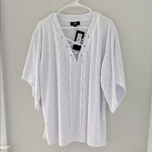 Slim Factor White Eyelet Lace-Up Blouse Size XL